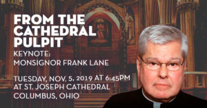 Headshot of Msgr. Frank Lane with St. Joseph Cathedral in background