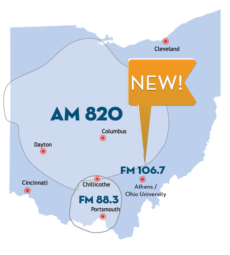 Map of Ohio with major cities and areas marked with St Gabriel Radio's broadcast coverage.