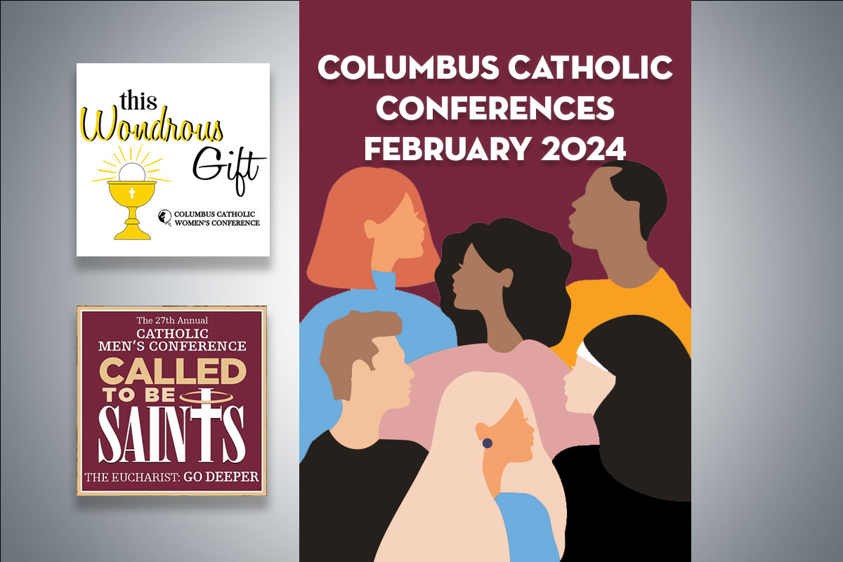Graphic of men and women and logos for the men's and women's Catholic Conferences in Columbus.
