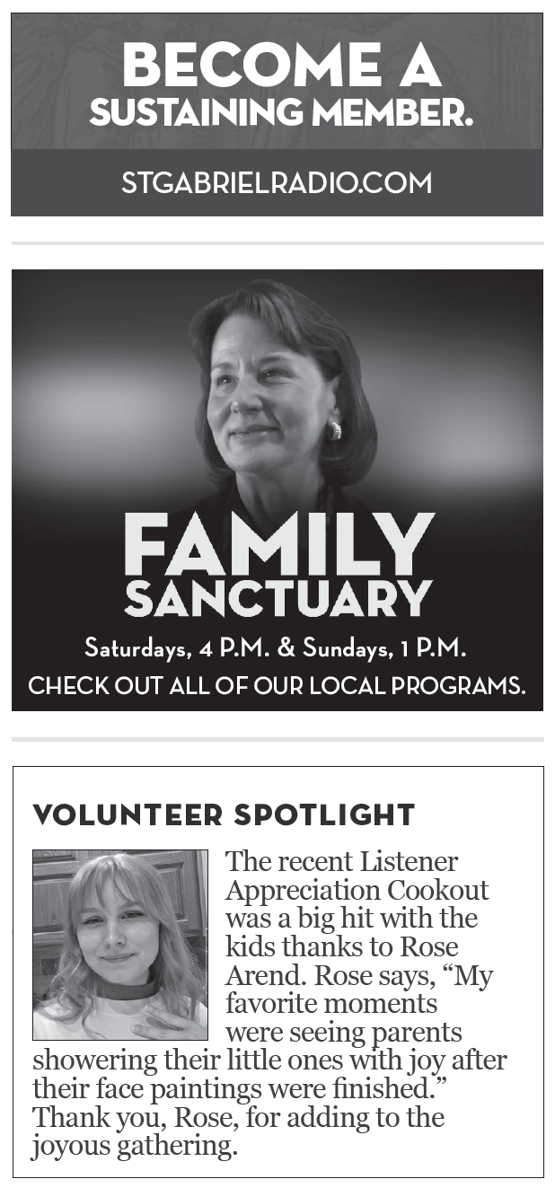 Become a sustaining member, Family Sanctuary Avatar image for podcast, and head shot of volunteer for spotlight.